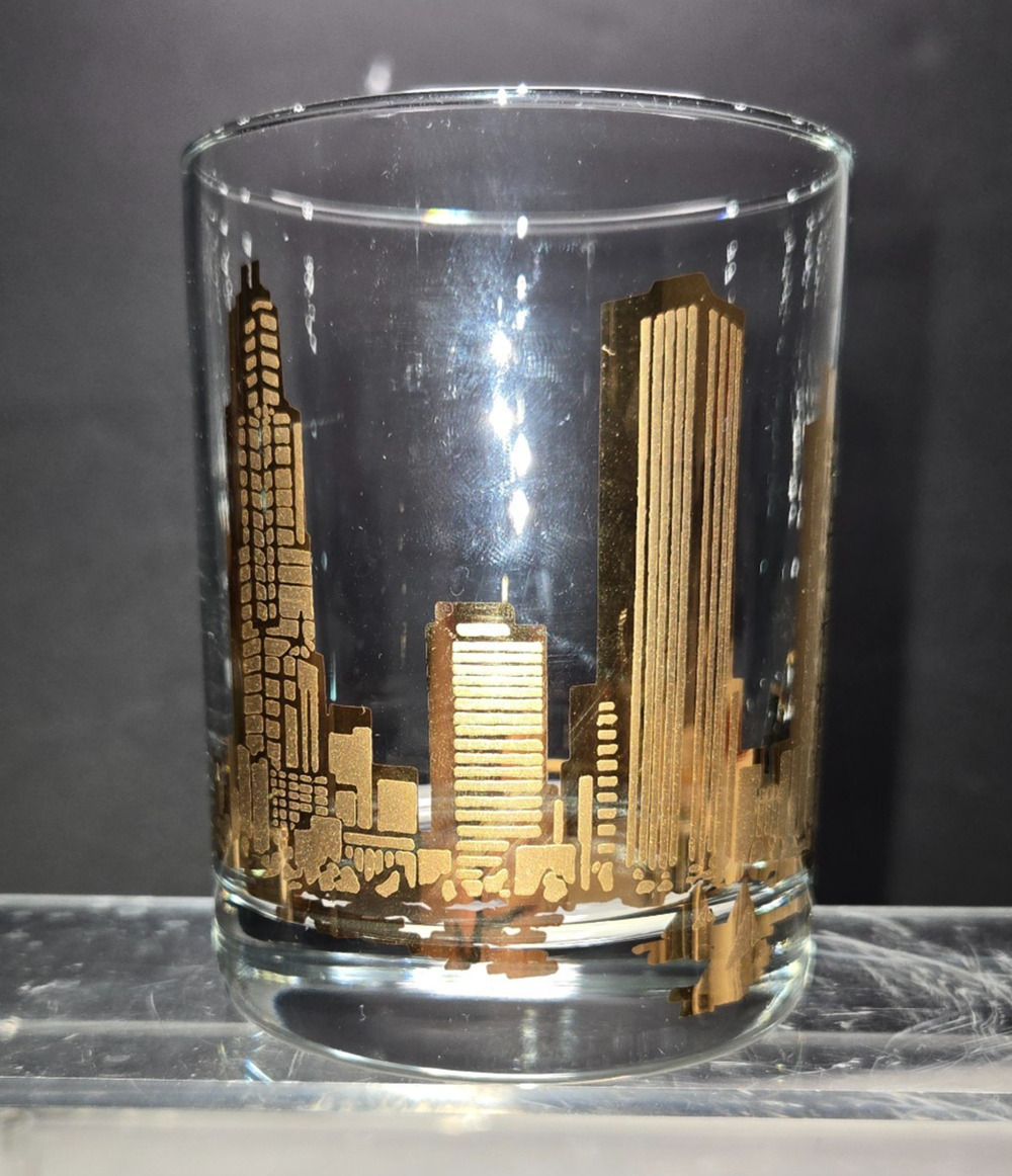 Vintage Chicago Skyline Gold Rocks Whiskey Glass MCM Barware Sailboats